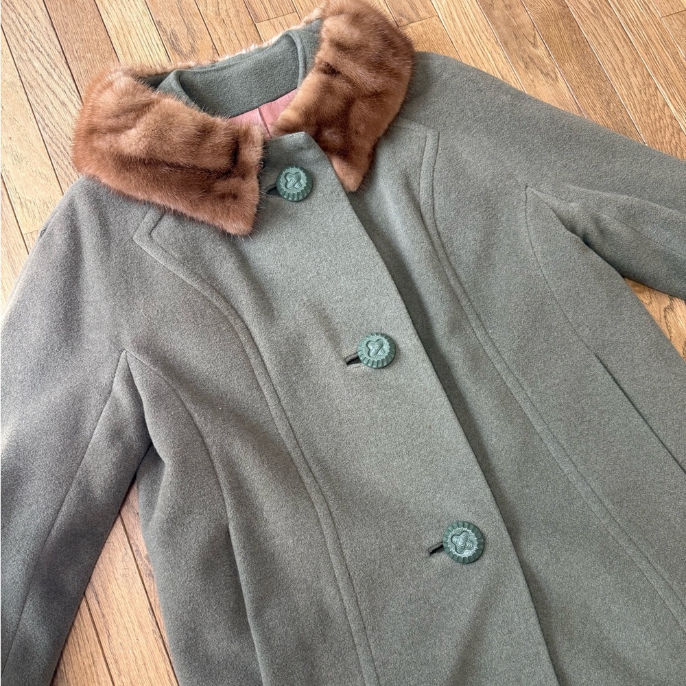 50s/60s OLIVE GREEN WOOL COAT JACKET WITH FUR COLLAR MEDIUM
